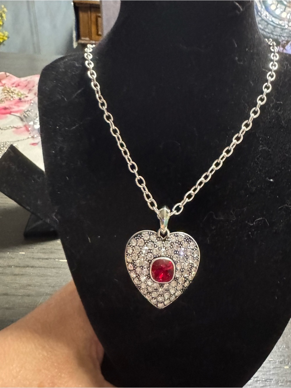 Brighton Silver Heart Pendant Necklace with Red Center Stone - Women Jewelry